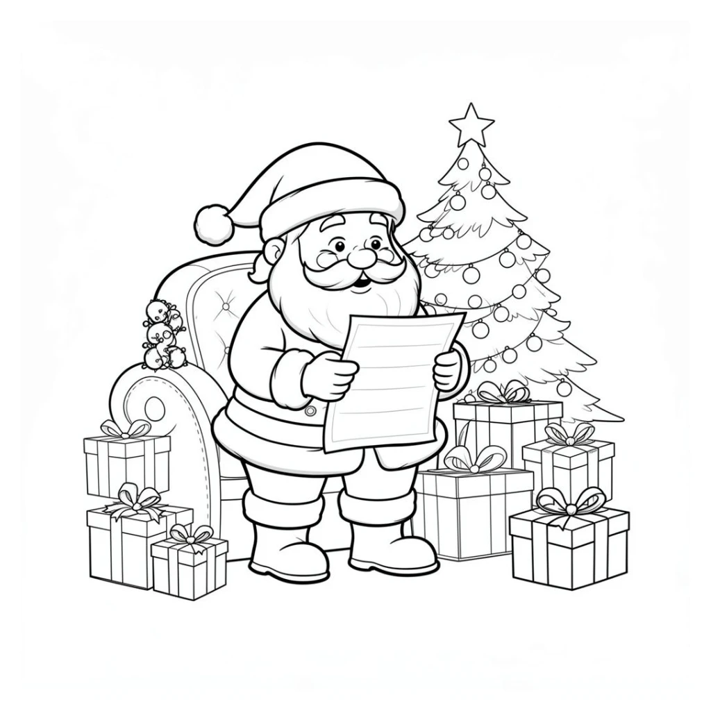 Desenho de papai noel conferindo a lista de presentes para colorir e imprimir grátis