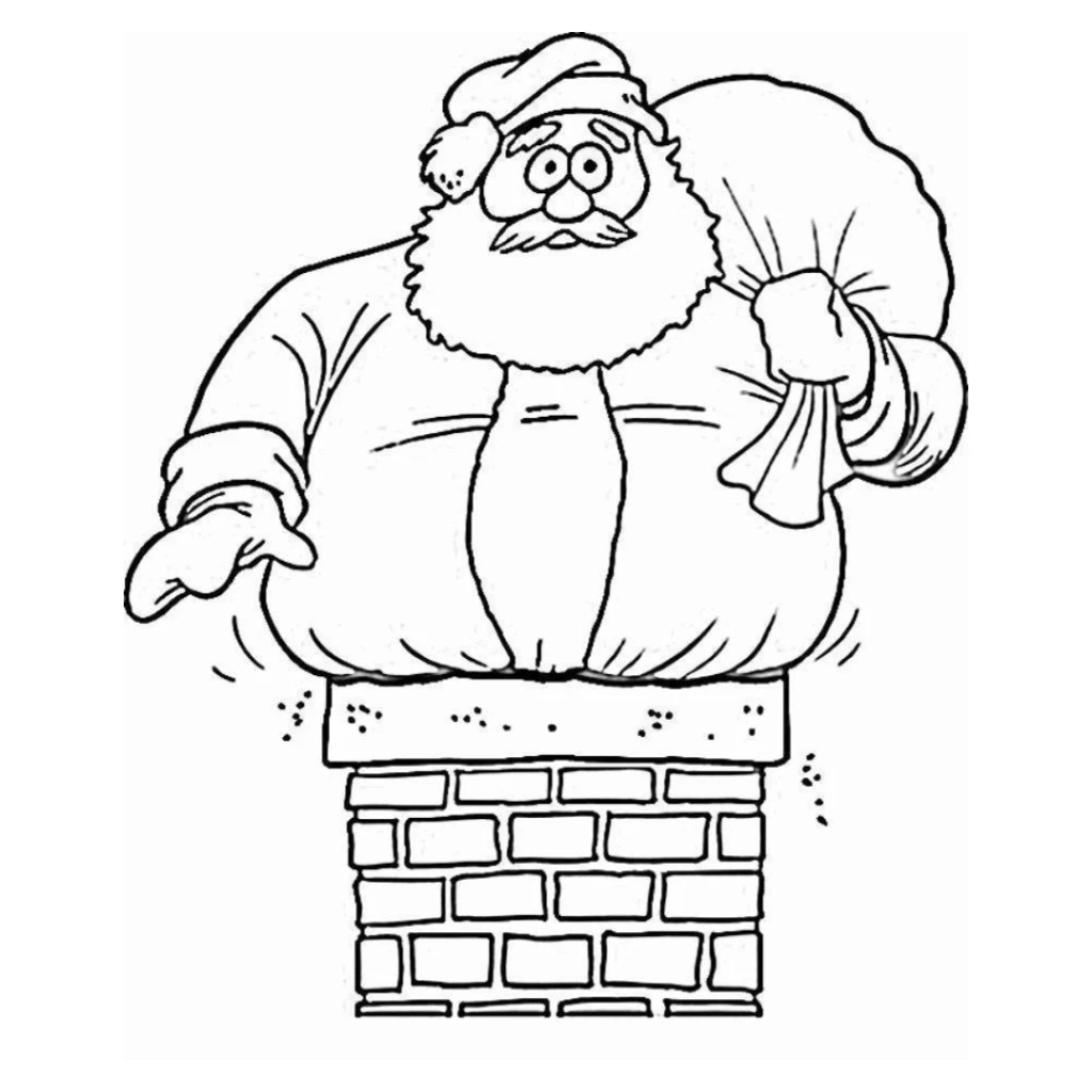Desenho de Papai Noel tentando entrar pela chaminé para colorir e imprimir grátis