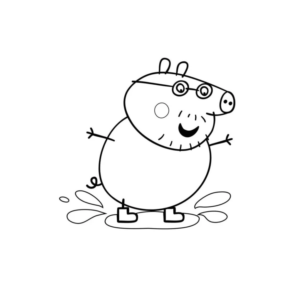 Daddy Pig playing in the mud puddle coloring page to print for free