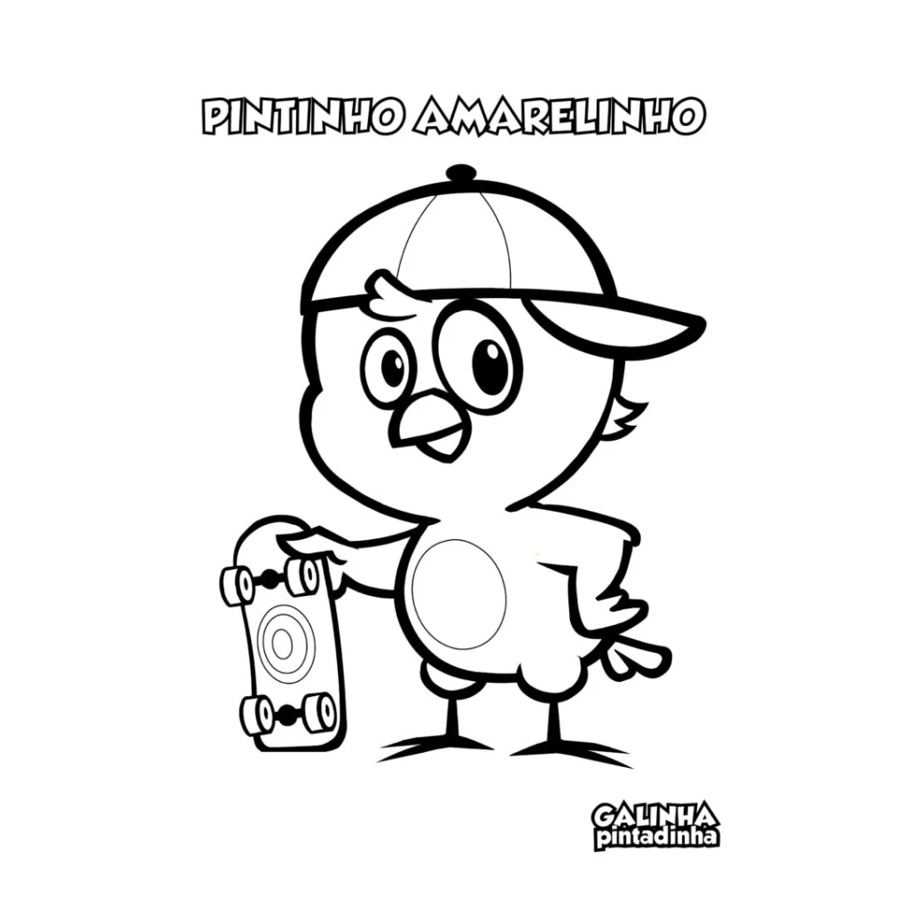 Desenho de Pintinho Amarelinho andando de skate para colorir e imprimir grátis