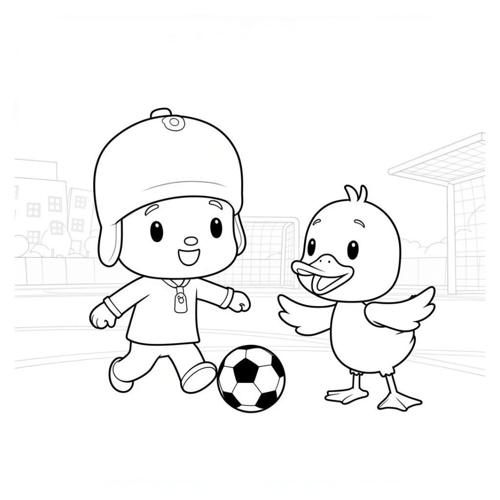 Desenho de Pocoyo Jogando Futebol Com Pato para colorir e imprimir grátis