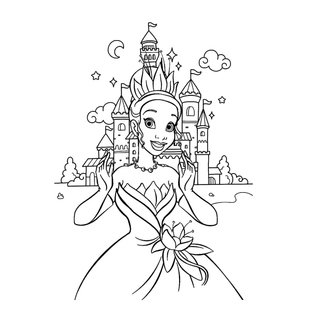Desenho de Princesa em frete ao Castelo para colorir e imprimir grátis