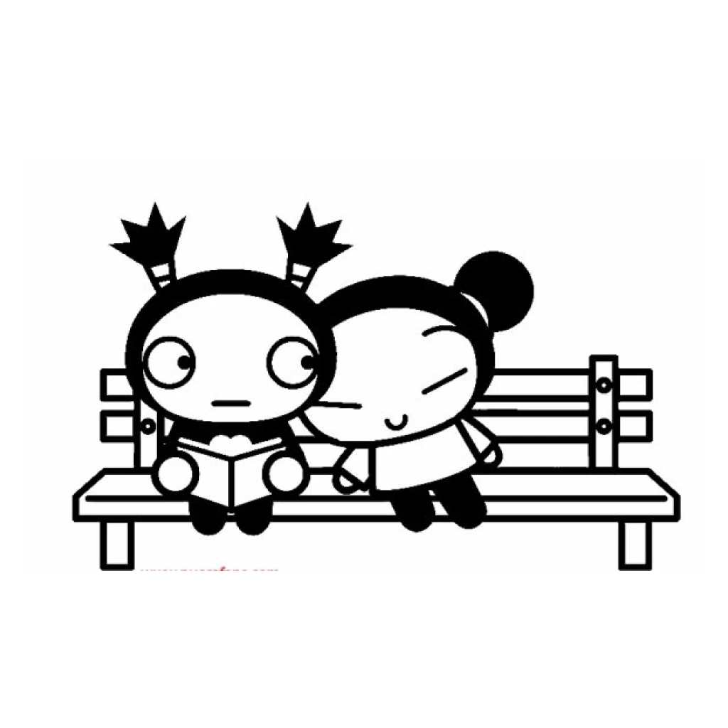 Desenho de Pucca e Garu sentados em um banco para colorir e imprimir grátis