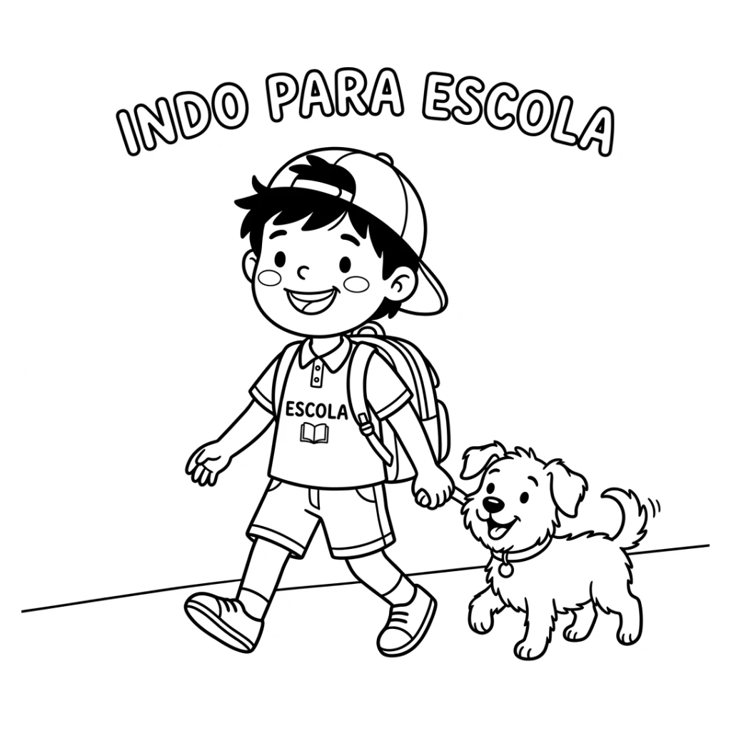 Desenho de Criança Indo Para A Escola Com Seu Cachorro para colorir e imprimir grátis