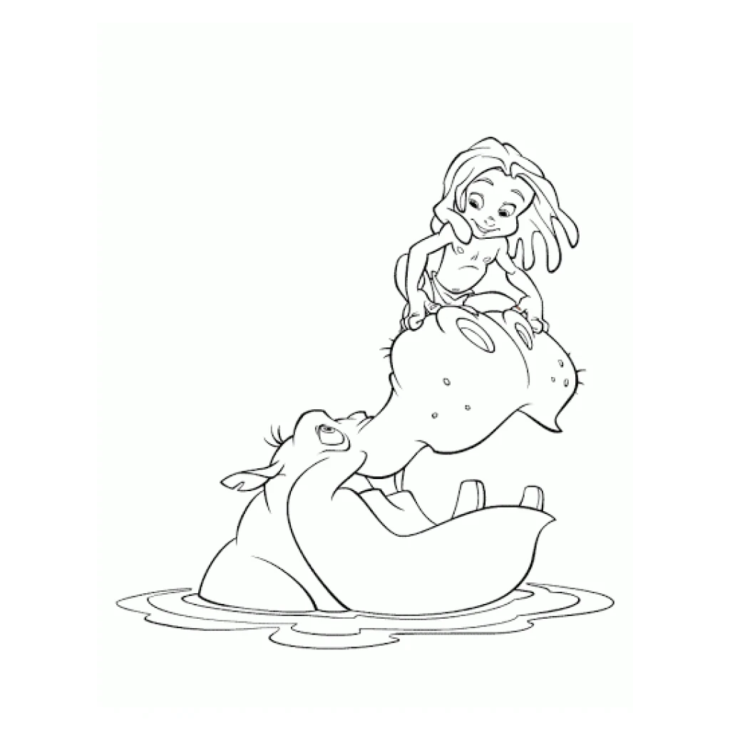 Desenho de Tarzan e um Hipopótamo para colorir e imprimir grátis