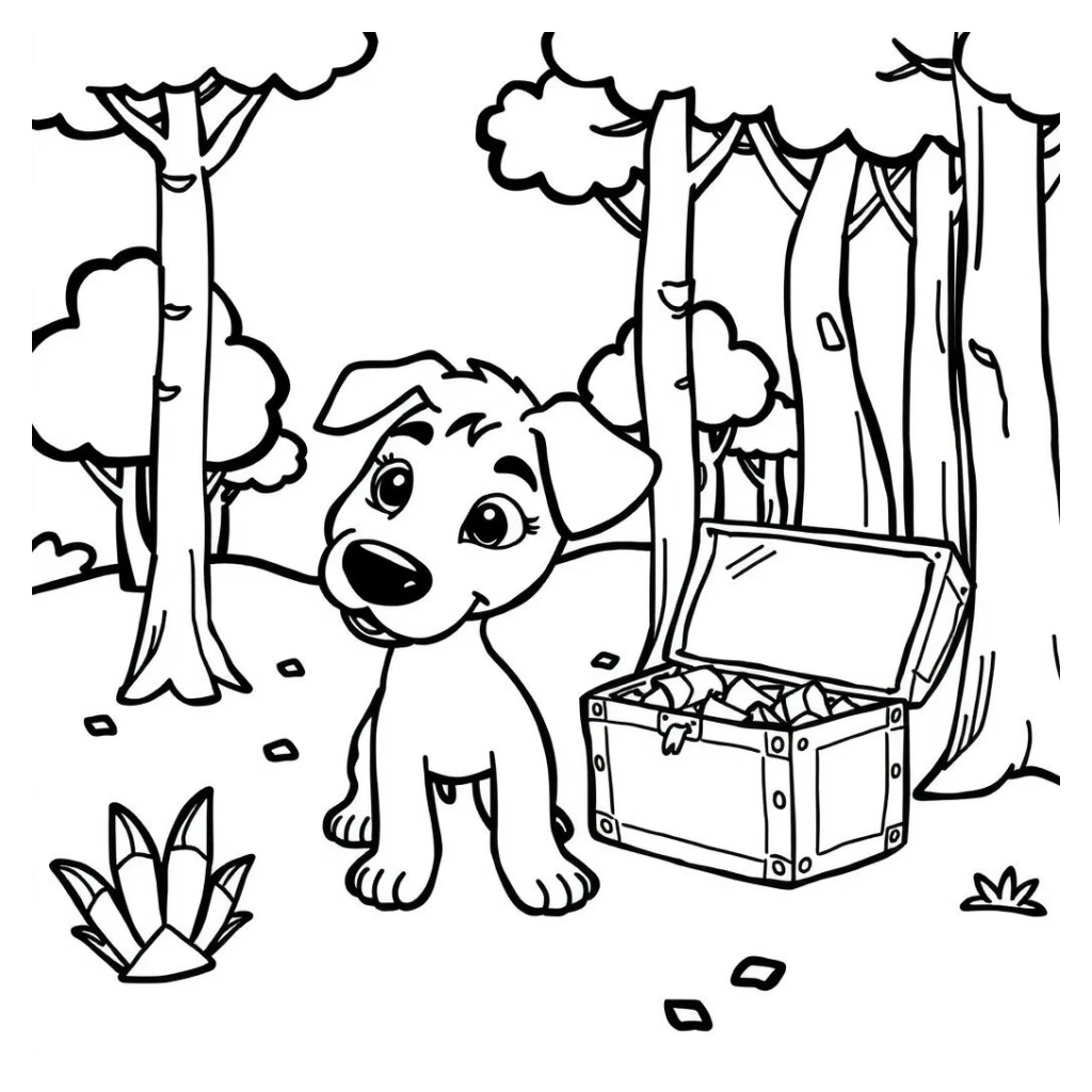 Desenho de Cachorro Aventureiro Encontrando Um Baú Do Tesouro Na Floresta para colorir e imprimir grátis