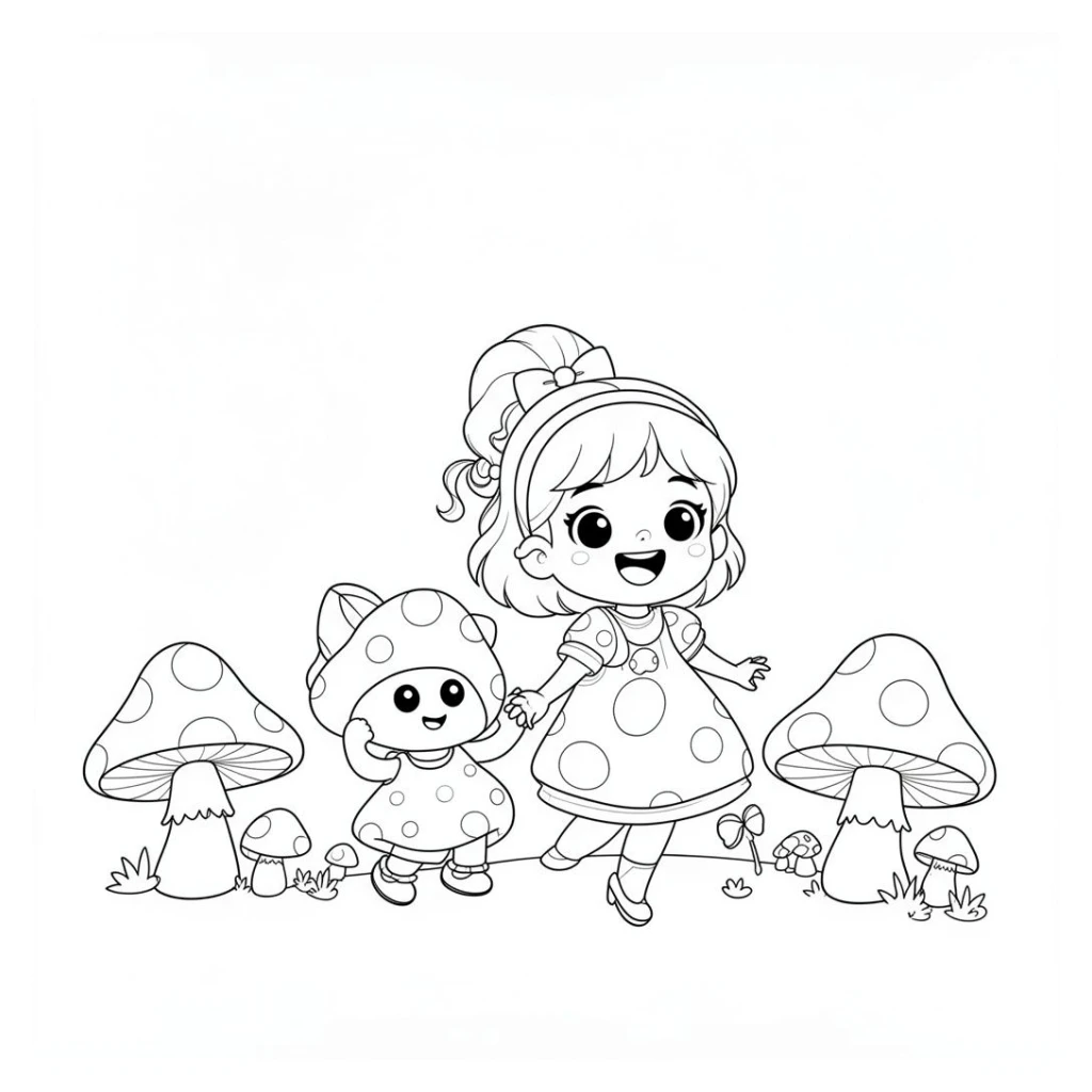 Desenho de Menina Fofinha E O Duende Na Vila Dos Cogumelos para colorir e imprimir grátis