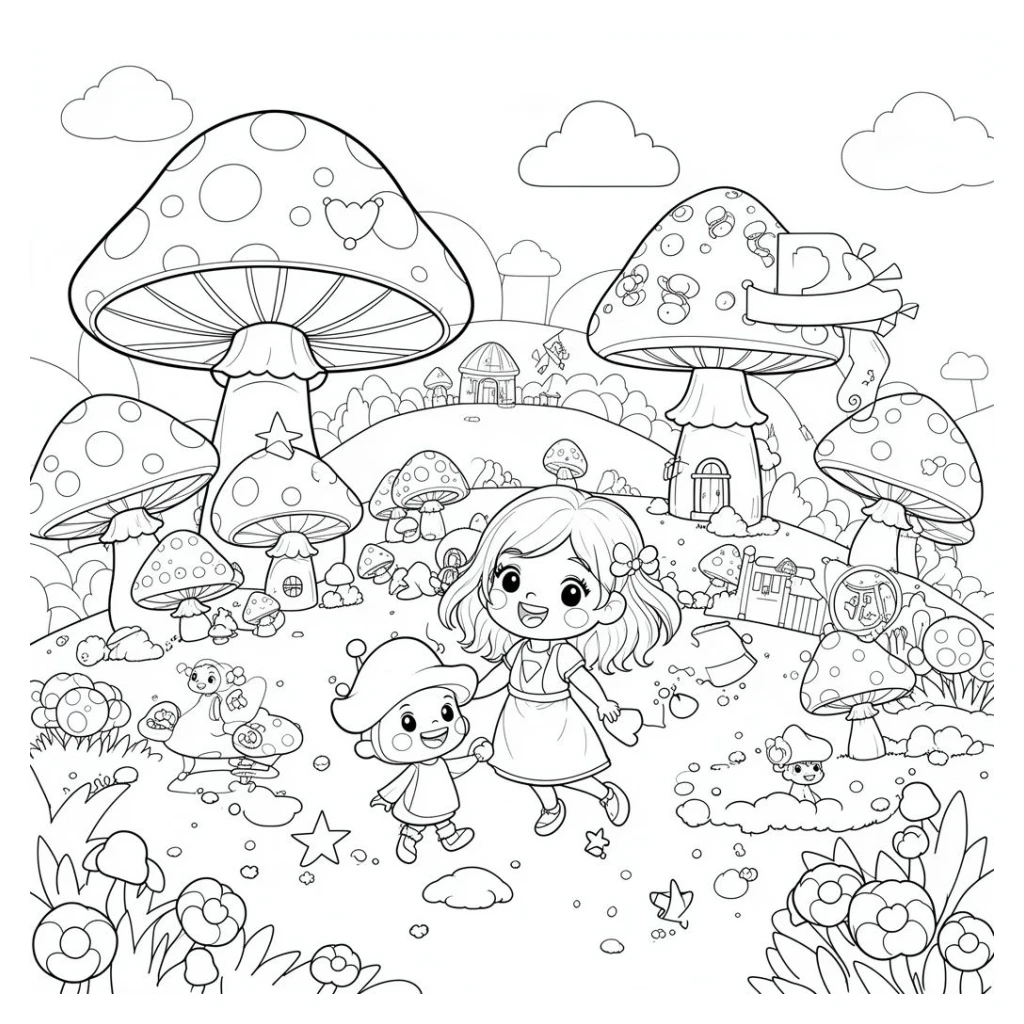 Desenho de Uma Linda Menina E Um Duende Na Vila Dos Cogumelos para colorir e imprimir grátis