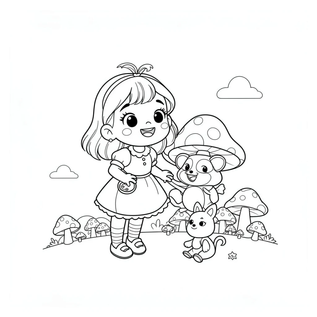 Desenho de Uma Linda Menina E Um Doende Na Vila Dos Cogumelos para colorir e imprimir grátis