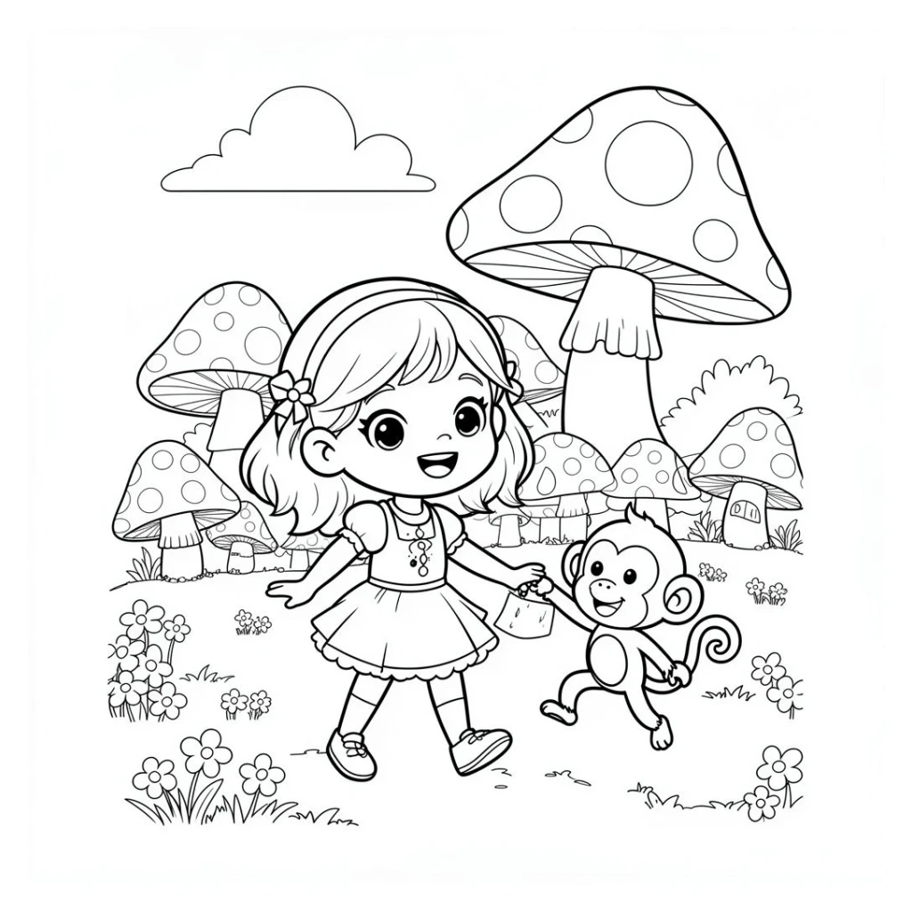 Desenho de Uma Menina Fofinha Na Vila Dos Cogumelos Com Um Macaquinho para colorir e imprimir grátis