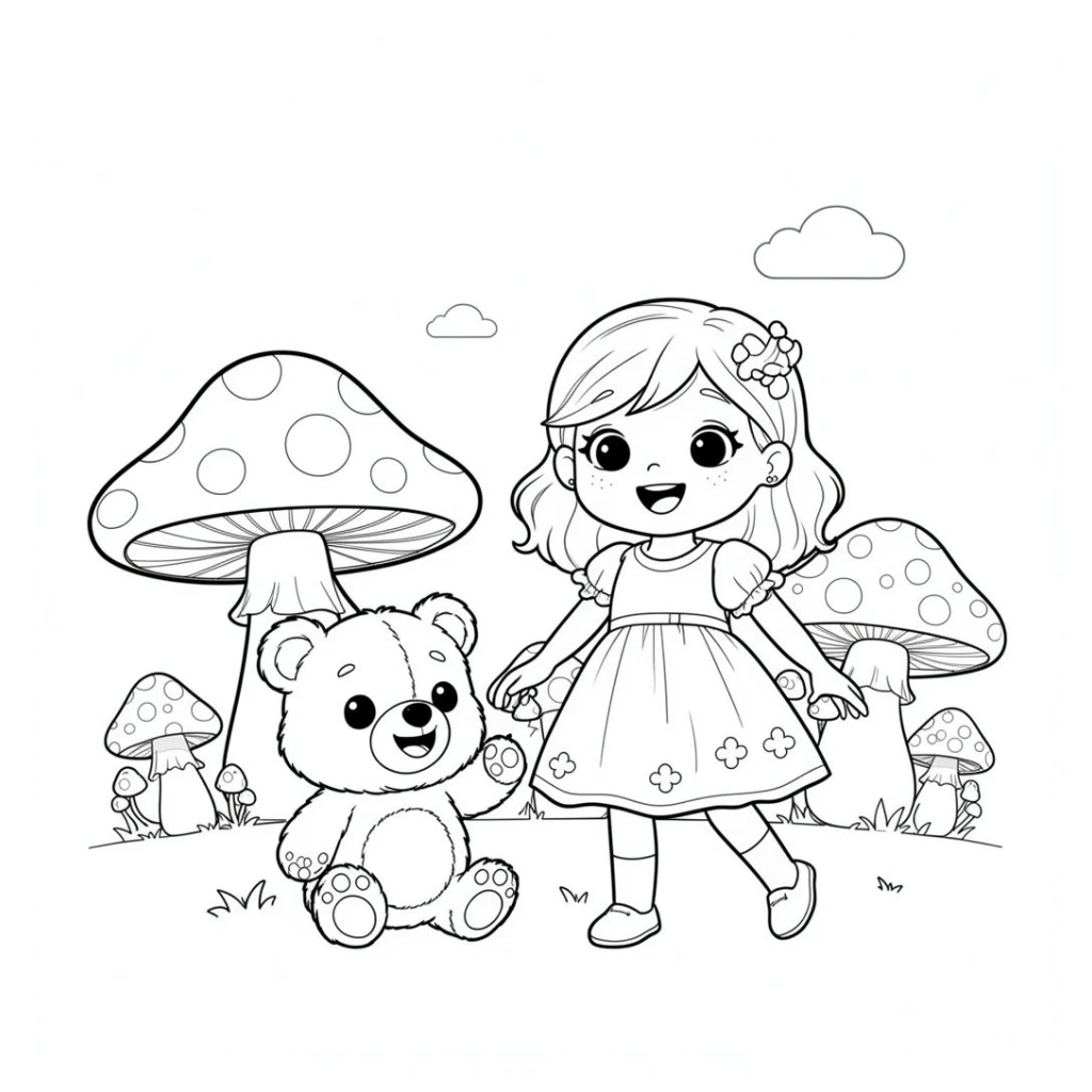 Desenho de Menina Fofinha Na Vila Dos Cogumelos Com Ursinho para colorir e imprimir grátis