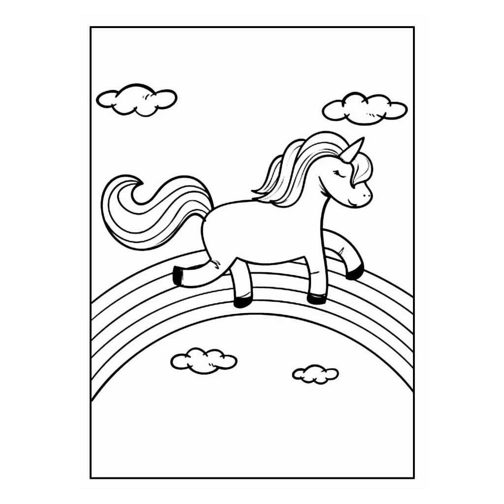 Desenho de Unicórnio Sobre ArcoÍris para colorir e imprimir grátis