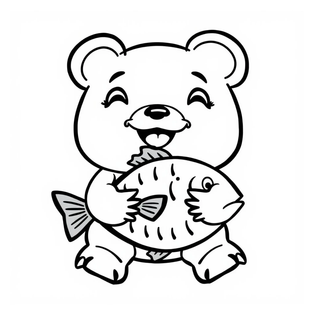 Desenho de Urso Comendo Peixe para colorir e imprimir grátis