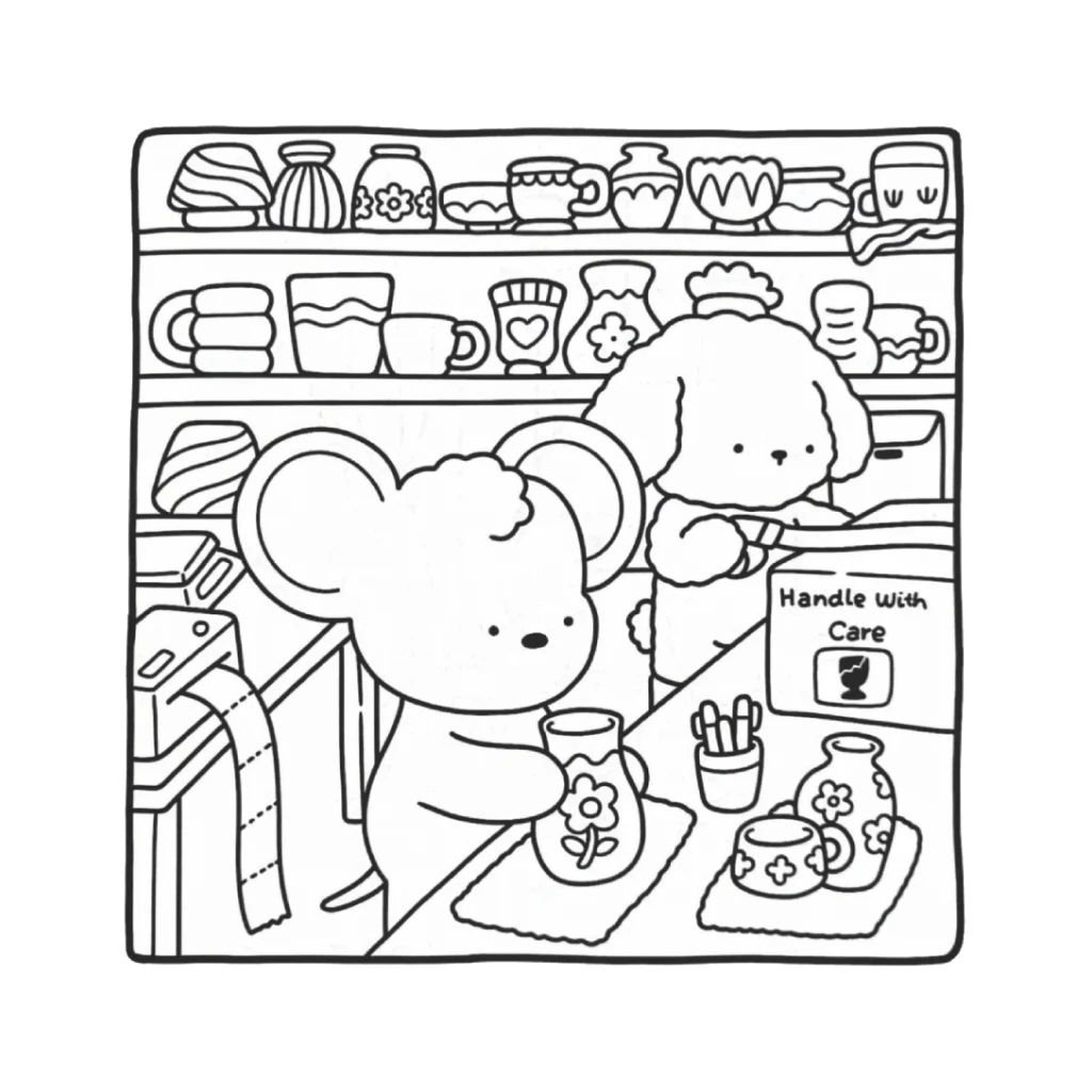 Desenho de Urso E Cachorro Colorindo Na Cozinha para colorir e imprimir grátis