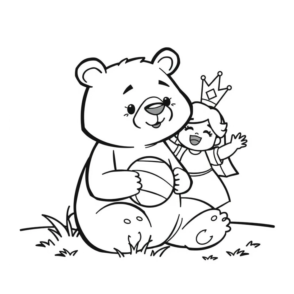 Desenho de Urso E Princesa brincando com uma bola para colorir e imprimir grátis