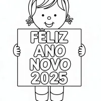 Menina com placa Feliz Ano Novo 2025