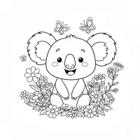 Coala Sorridente Rodeado De Flores E Borboletas