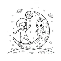 Menino Fofo Jogando Vôlei Na Lua Com Extraterrestre