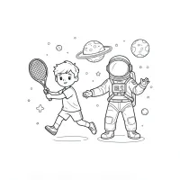 Menino Jogando Tênis No Espaço Com Astronauta