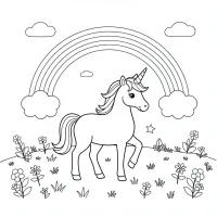 Um unicórnio entre um arco-íris lindo no campo