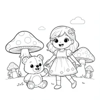 Menina Fofinha Na Vila Dos Cogumelos Com Ursinho