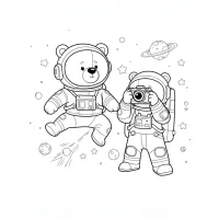 Urso no espaço com um astronauta tirando fotos